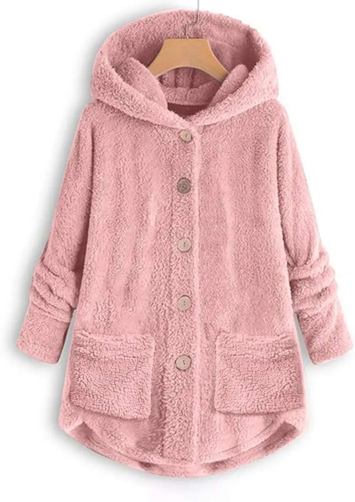 Sherpa Jacket Women Fuzzy Fleece Button Down Long Sleeve Casual Plush Cardigans Jacket Open Front Soft Hooded Coat