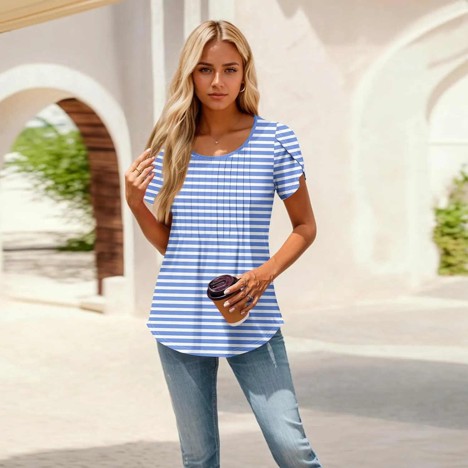 Shirts for Women Summer Short Sleeve Tops Dressy Casual Pleated Round Neck Blouses Dressy Spring Cute Striped Clothes