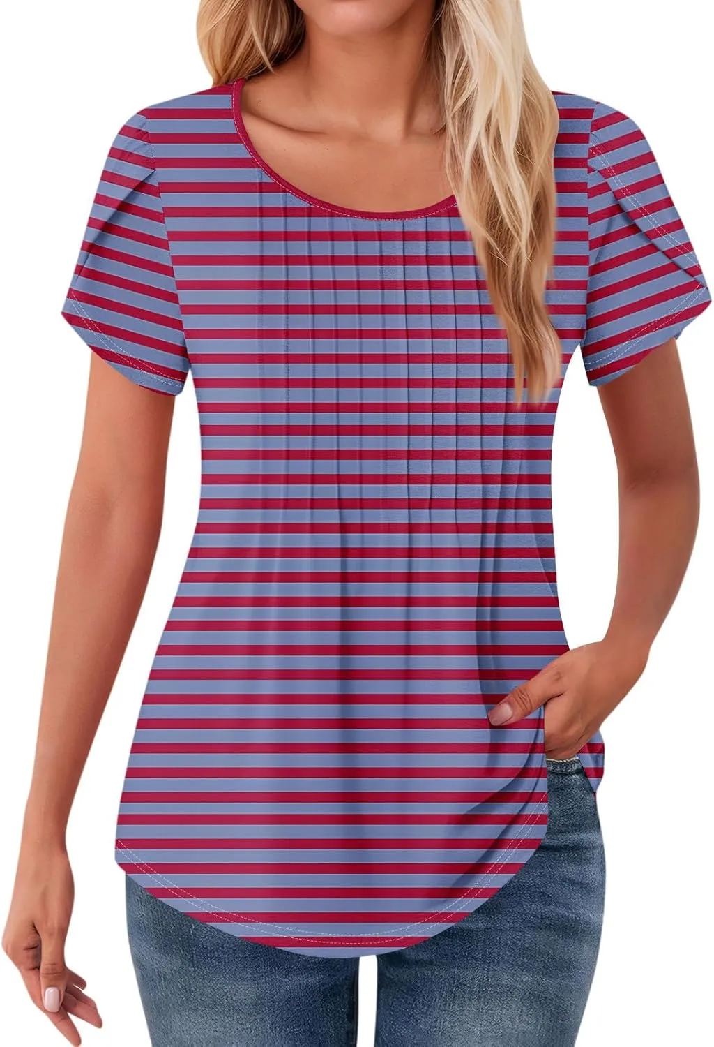 Shirts for Women Summer Short Sleeve Tops Dressy Casual Pleated Round Neck Blouses Dressy Spring Cute Striped Clothes