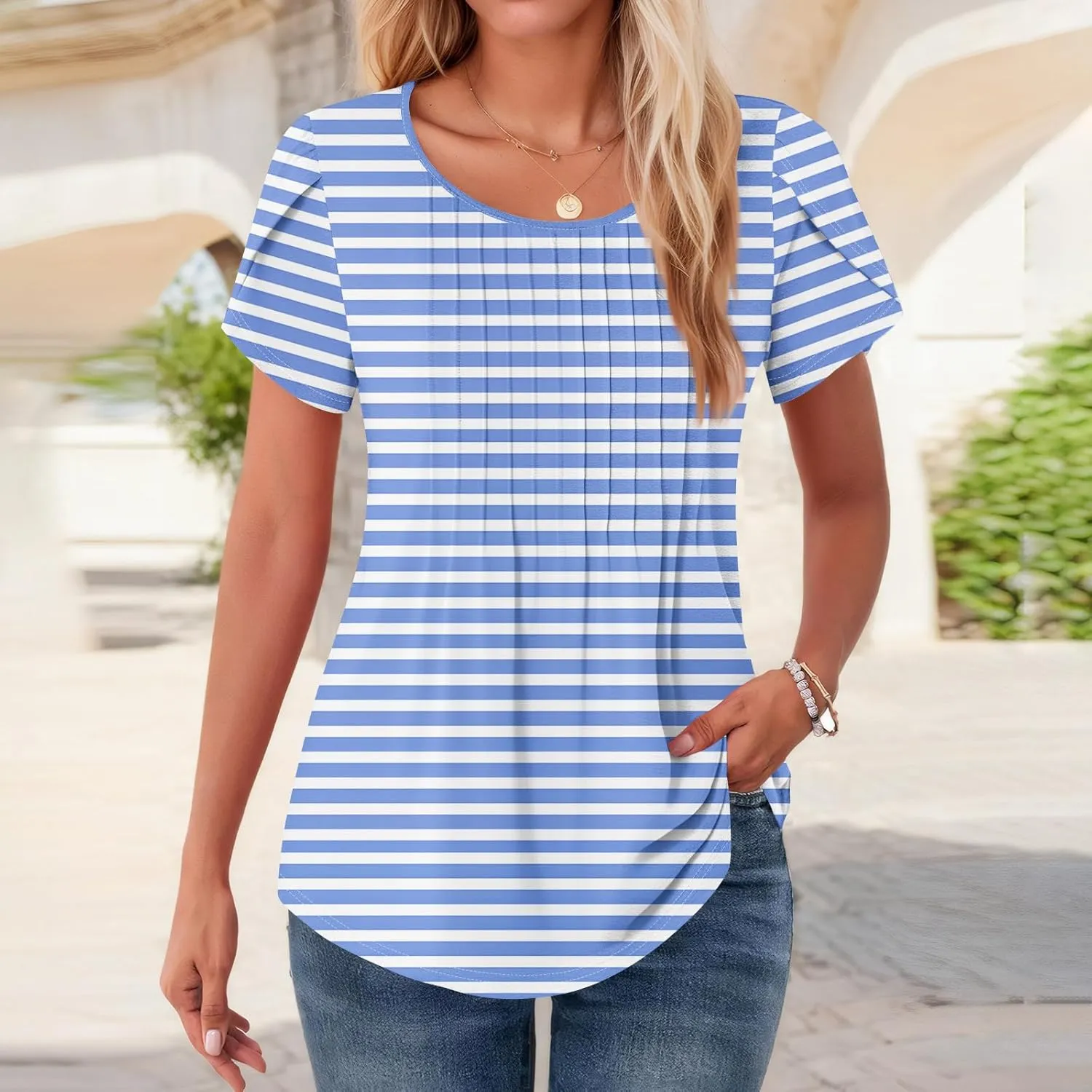 Shirts for Women Summer Short Sleeve Tops Dressy Casual Pleated Round Neck Blouses Dressy Spring Cute Striped Clothes
