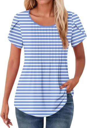 Shirts for Women Summer Short Sleeve Tops Dressy Casual Pleated Round Neck Blouses Dressy Spring Cute Striped Clothes
