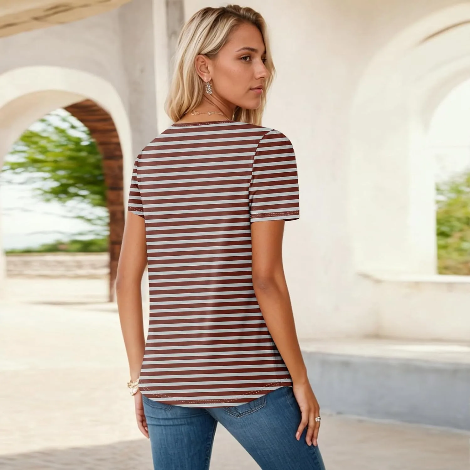 Shirts for Women Summer Short Sleeve Tops Dressy Casual Pleated Round Neck Blouses Dressy Spring Cute Striped Clothes
