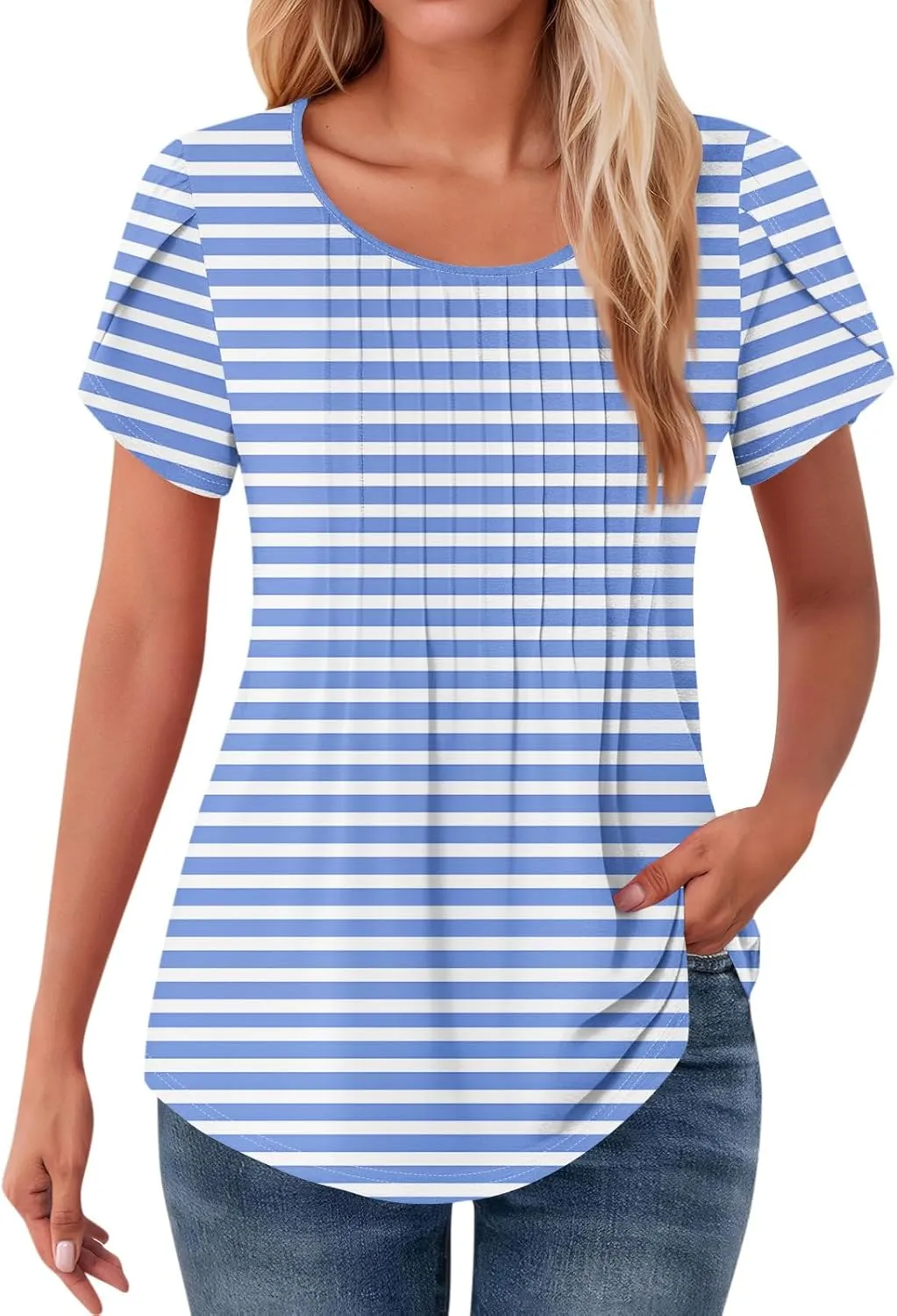 Shirts for Women Summer Short Sleeve Tops Dressy Casual Pleated Round Neck Blouses Dressy Spring Cute Striped Clothes