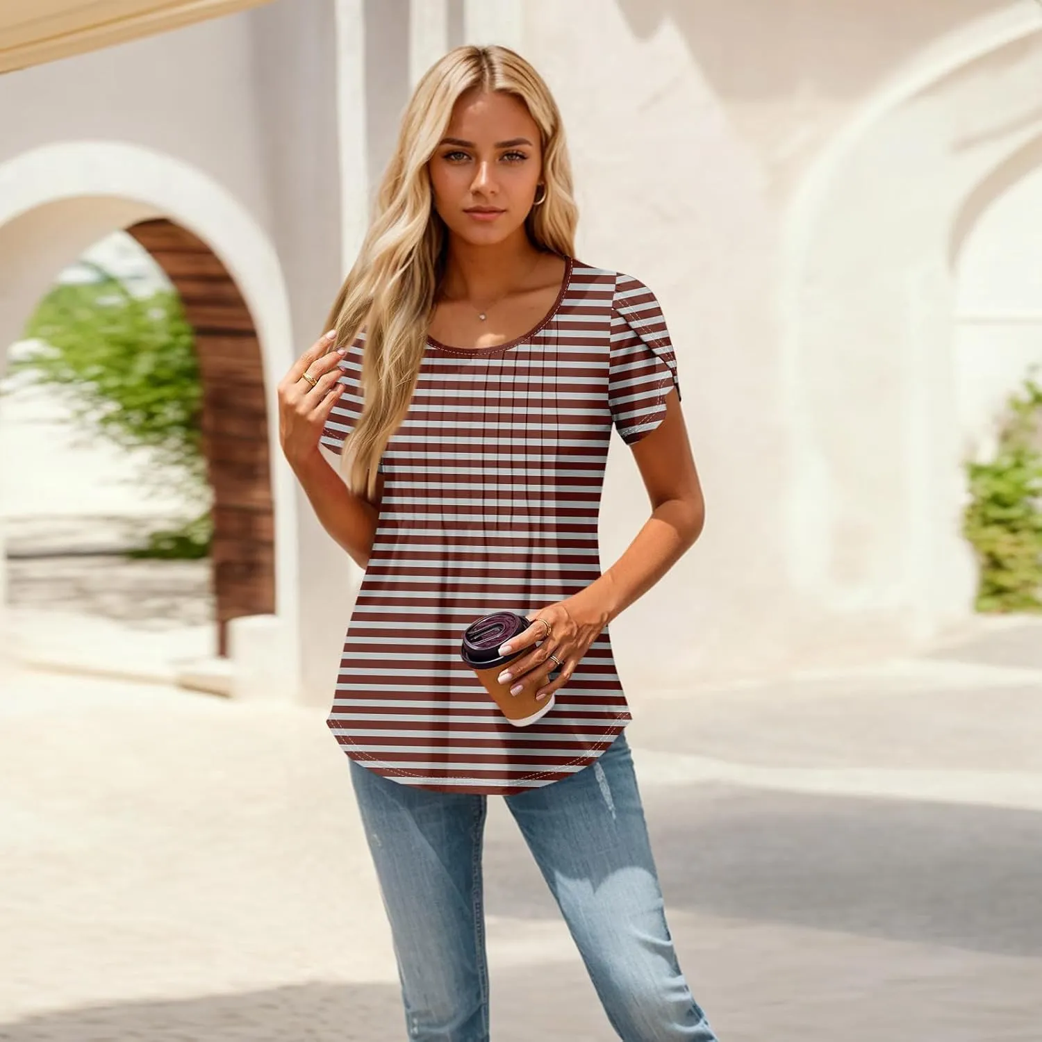 Shirts for Women Summer Short Sleeve Tops Dressy Casual Pleated Round Neck Blouses Dressy Spring Cute Striped Clothes