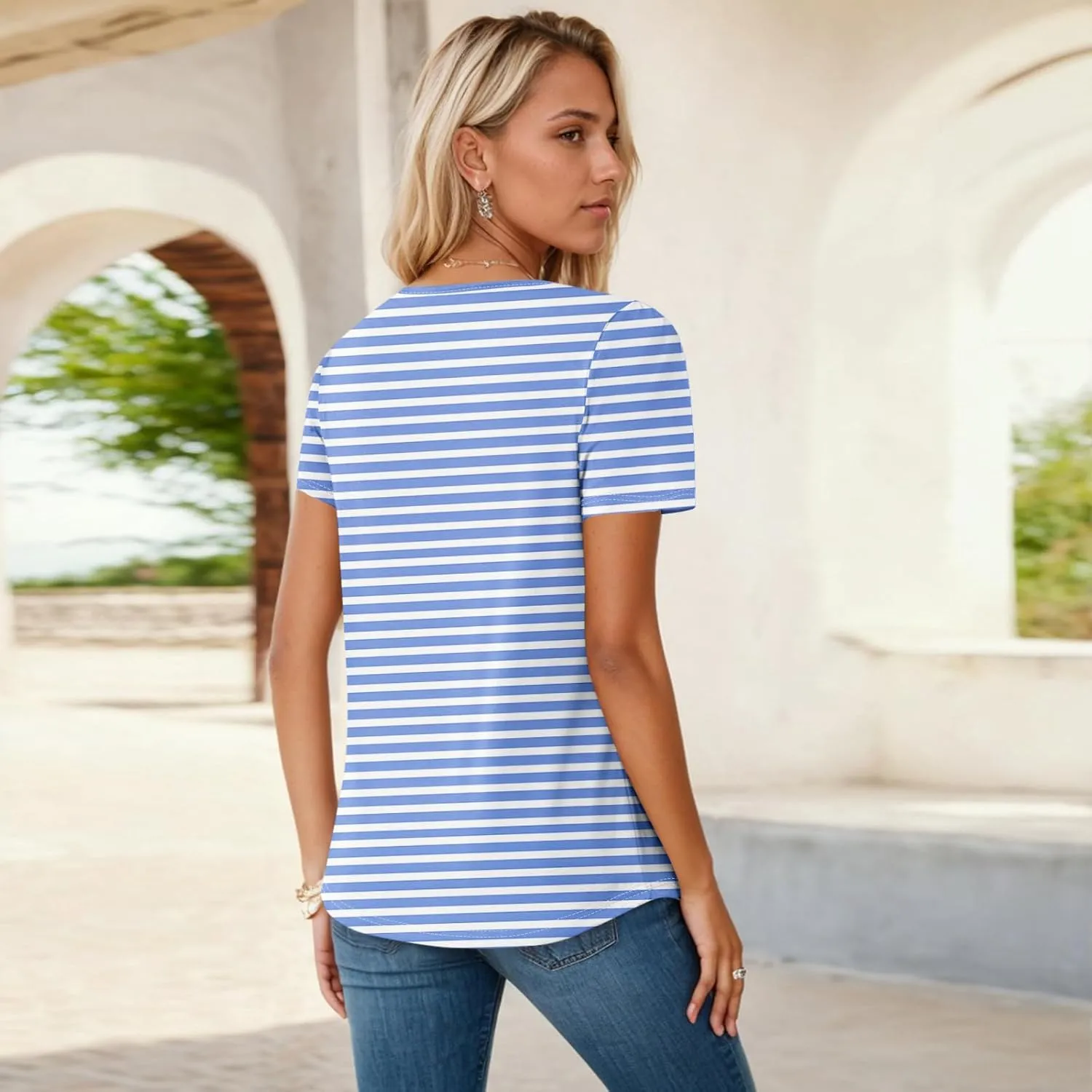 Shirts for Women Summer Short Sleeve Tops Dressy Casual Pleated Round Neck Blouses Dressy Spring Cute Striped Clothes