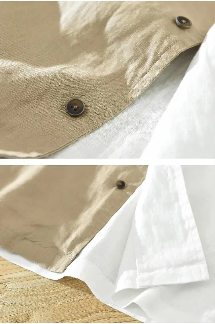 Short Sleeve Linen Shirt for Men Summer Casual Chic Patchwork Blouse Tops