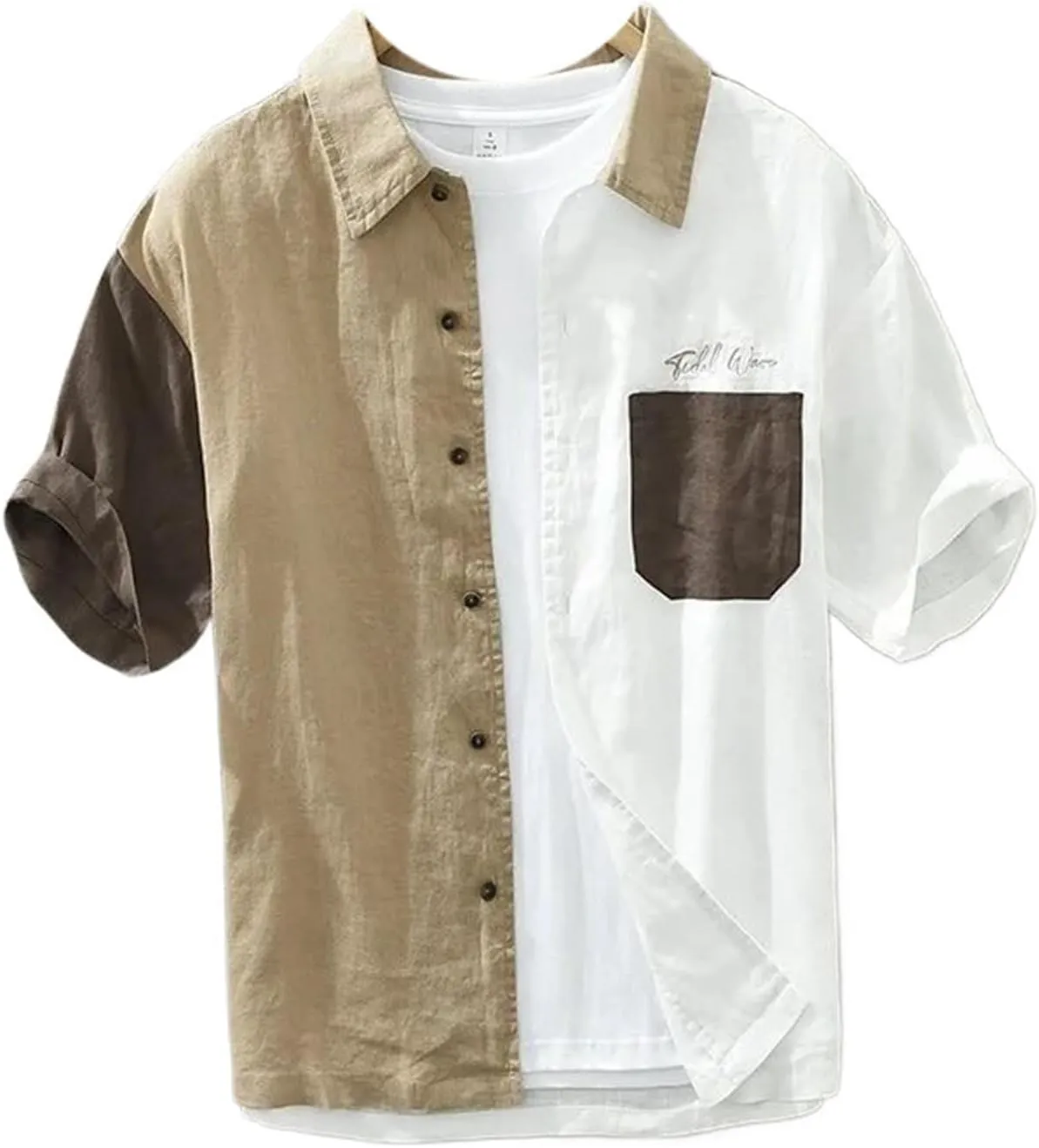 Short Sleeve Linen Shirt for Men Summer Casual Chic Patchwork Blouse Tops