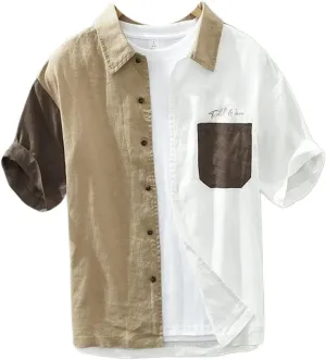 Short Sleeve Linen Shirt for Men Summer Casual Chic Patchwork Blouse Tops