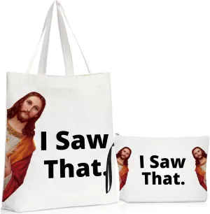 Sieral 2 Pcs Christian Canvas Tote Bag with Make up Cosmetic Bag I Saw That Christian Gift for Mother's Day Father's Day Women Travel Grocery