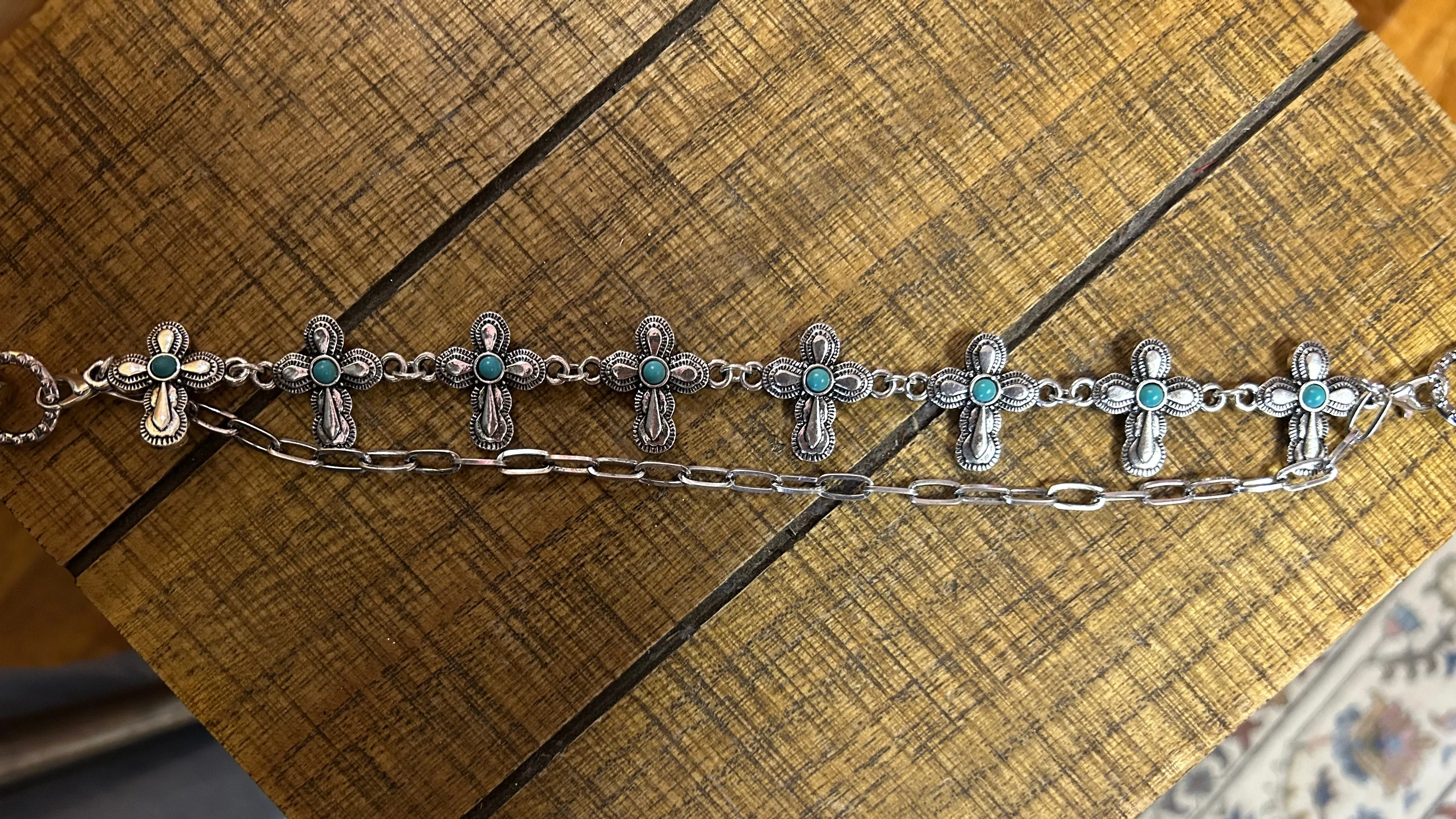 Silver Cross Charm Strap with Turquoise Accents  Versatile Accessory