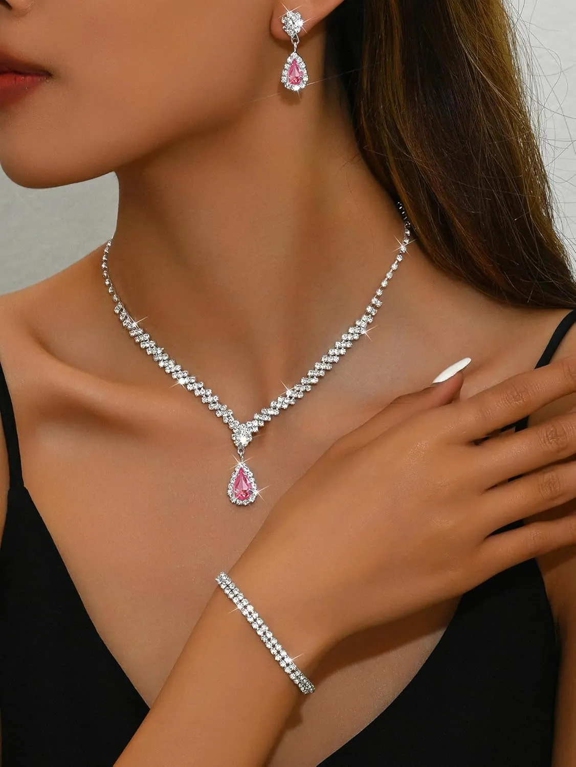 Silver Jewelry Set for Prom,Elegant Prom Jewelry Set Crystal Rhinestone Necklace Earrings Bracelet Brides Wedding Prom Dresses Costume Jewelry Accessories for Women