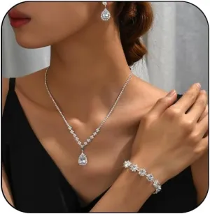 Silver Jewelry Set for Prom,Elegant Prom Jewelry Set Crystal Rhinestone Necklace Earrings Bracelet Brides Wedding Prom Dresses Costume Jewelry Accessories for Women