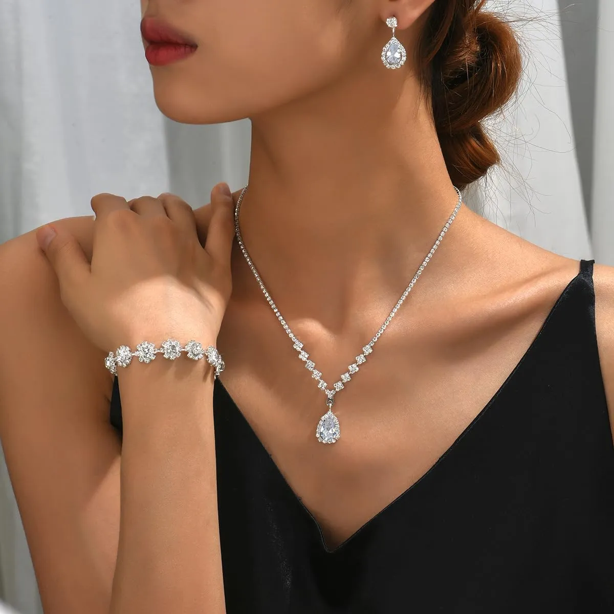Silver Jewelry Set for Prom,Elegant Prom Jewelry Set Crystal Rhinestone Necklace Earrings Bracelet Brides Wedding Prom Dresses Costume Jewelry Accessories for Women