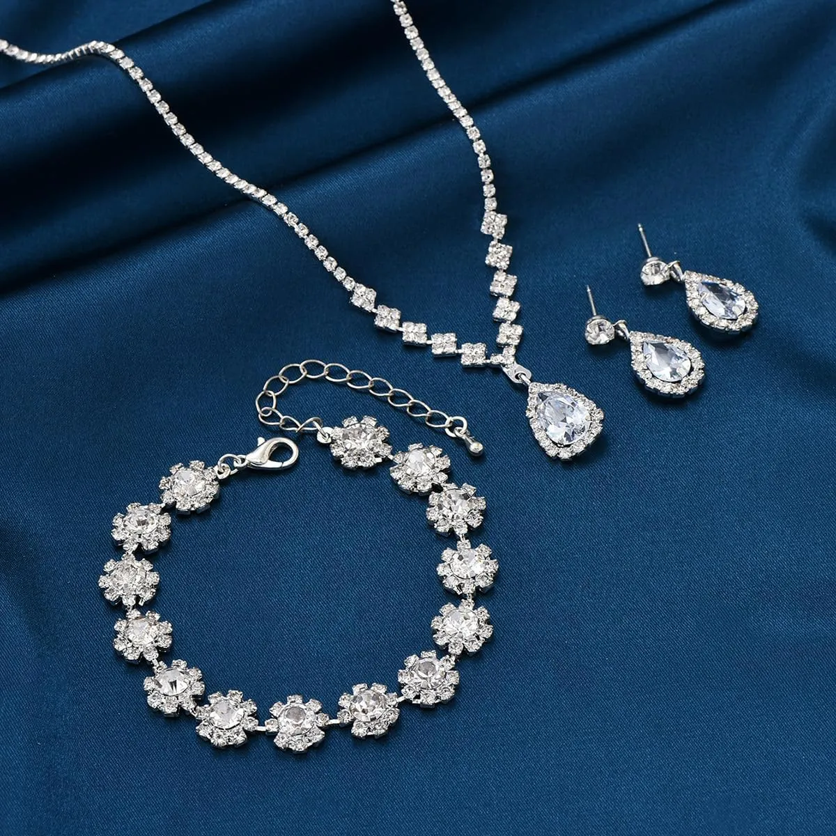 Silver Jewelry Set for Prom,Elegant Prom Jewelry Set Crystal Rhinestone Necklace Earrings Bracelet Brides Wedding Prom Dresses Costume Jewelry Accessories for Women