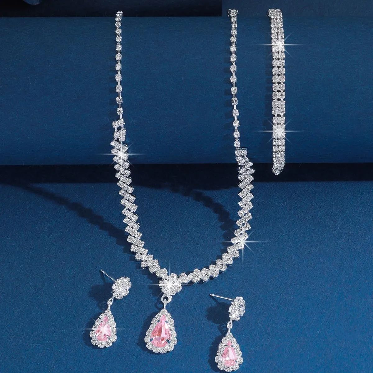 Silver Jewelry Set for Prom,Elegant Prom Jewelry Set Crystal Rhinestone Necklace Earrings Bracelet Brides Wedding Prom Dresses Costume Jewelry Accessories for Women