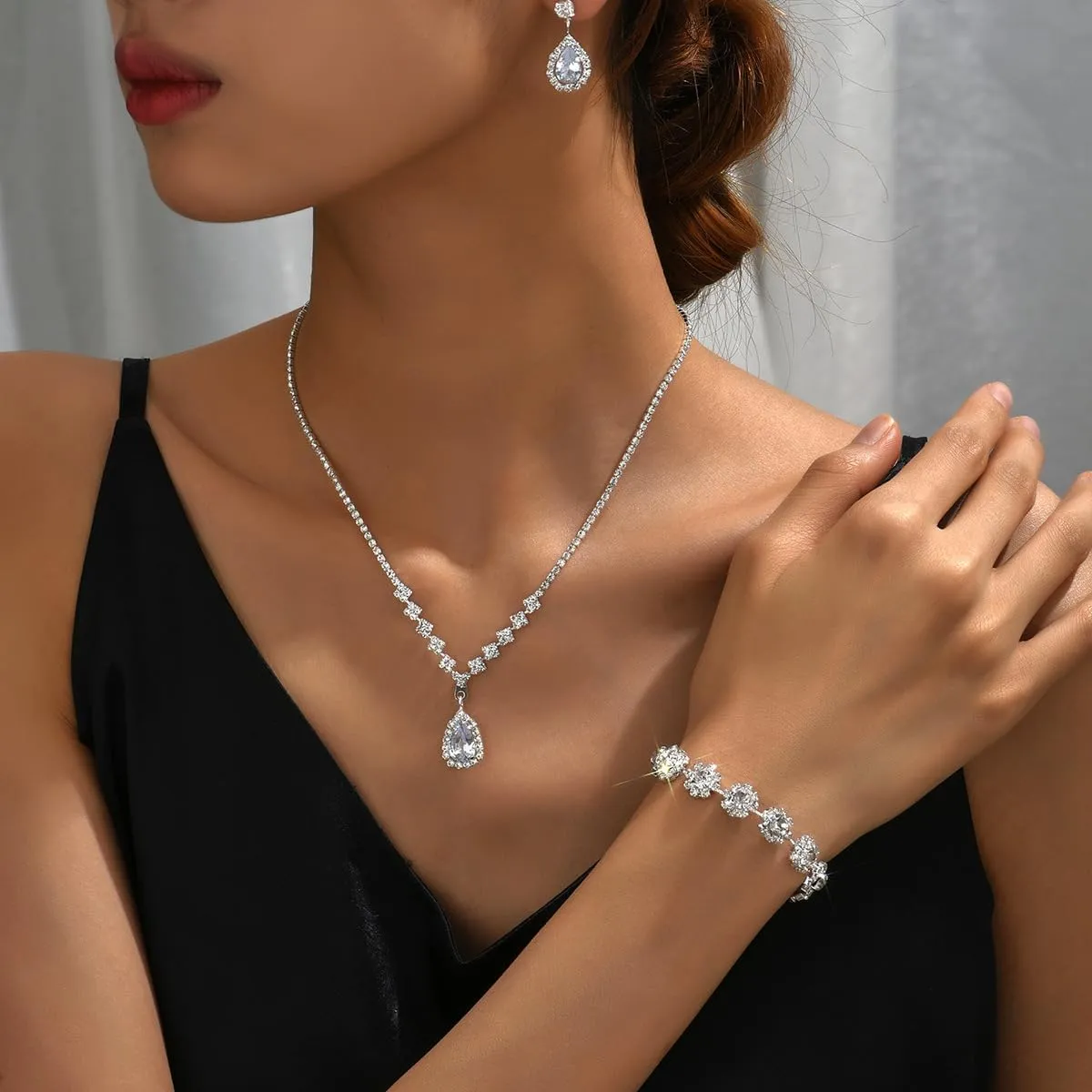 Silver Jewelry Set for Prom,Elegant Prom Jewelry Set Crystal Rhinestone Necklace Earrings Bracelet Brides Wedding Prom Dresses Costume Jewelry Accessories for Women