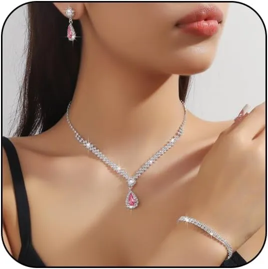 Silver Jewelry Set for Prom,Elegant Prom Jewelry Set Crystal Rhinestone Necklace Earrings Bracelet Brides Wedding Prom Dresses Costume Jewelry Accessories for Women