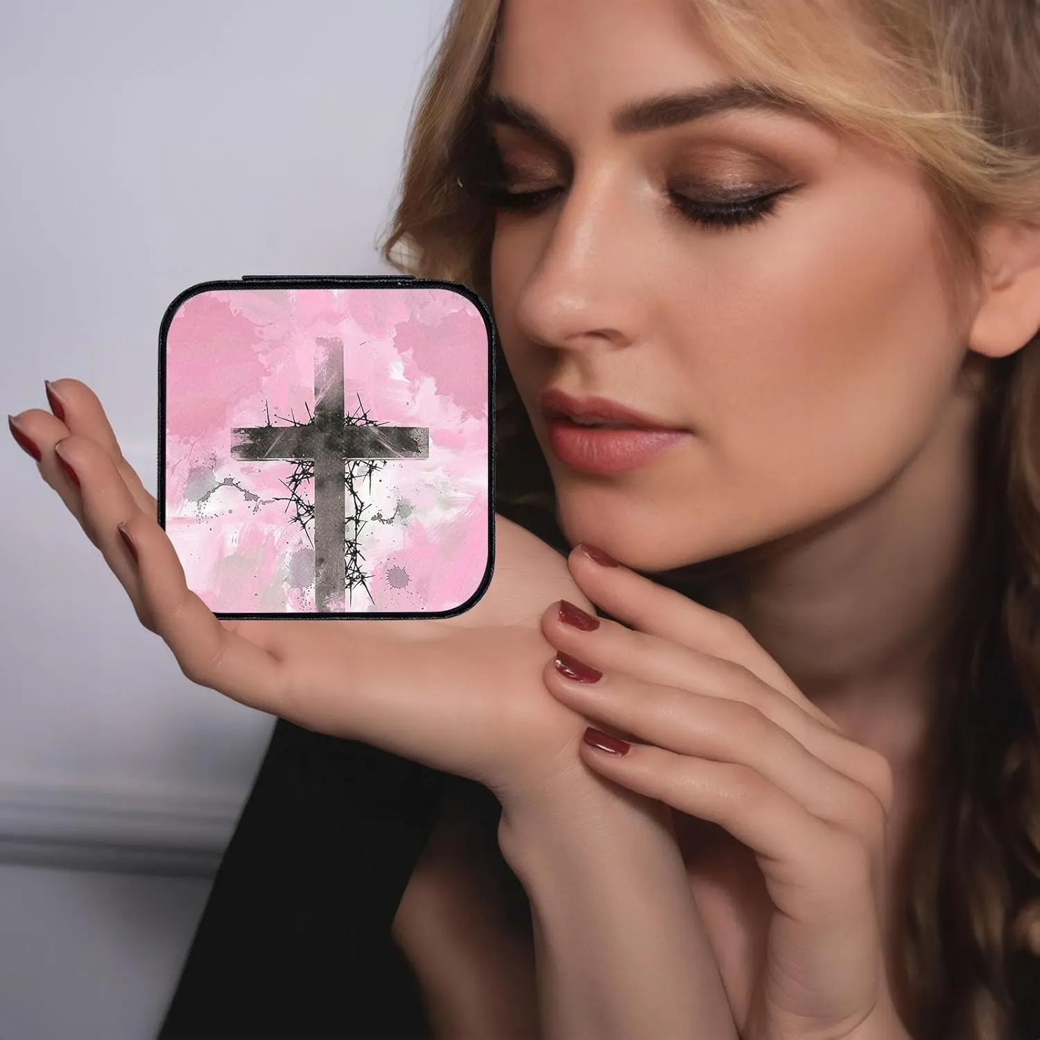 Small Jewelry Box Travel Jewelry Case Portable PU Leather for Girls Women Jewelry Organizer with Mirror, Storage Earring, Necklace, Rings, Christian cross