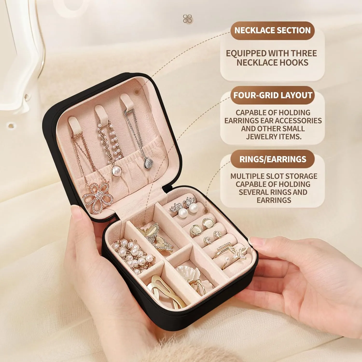 Small Jewelry Box Travel Jewelry Case Portable PU Leather for Girls Women Jewelry Organizer with Mirror, Storage Earring, Necklace, Rings, Christian cross