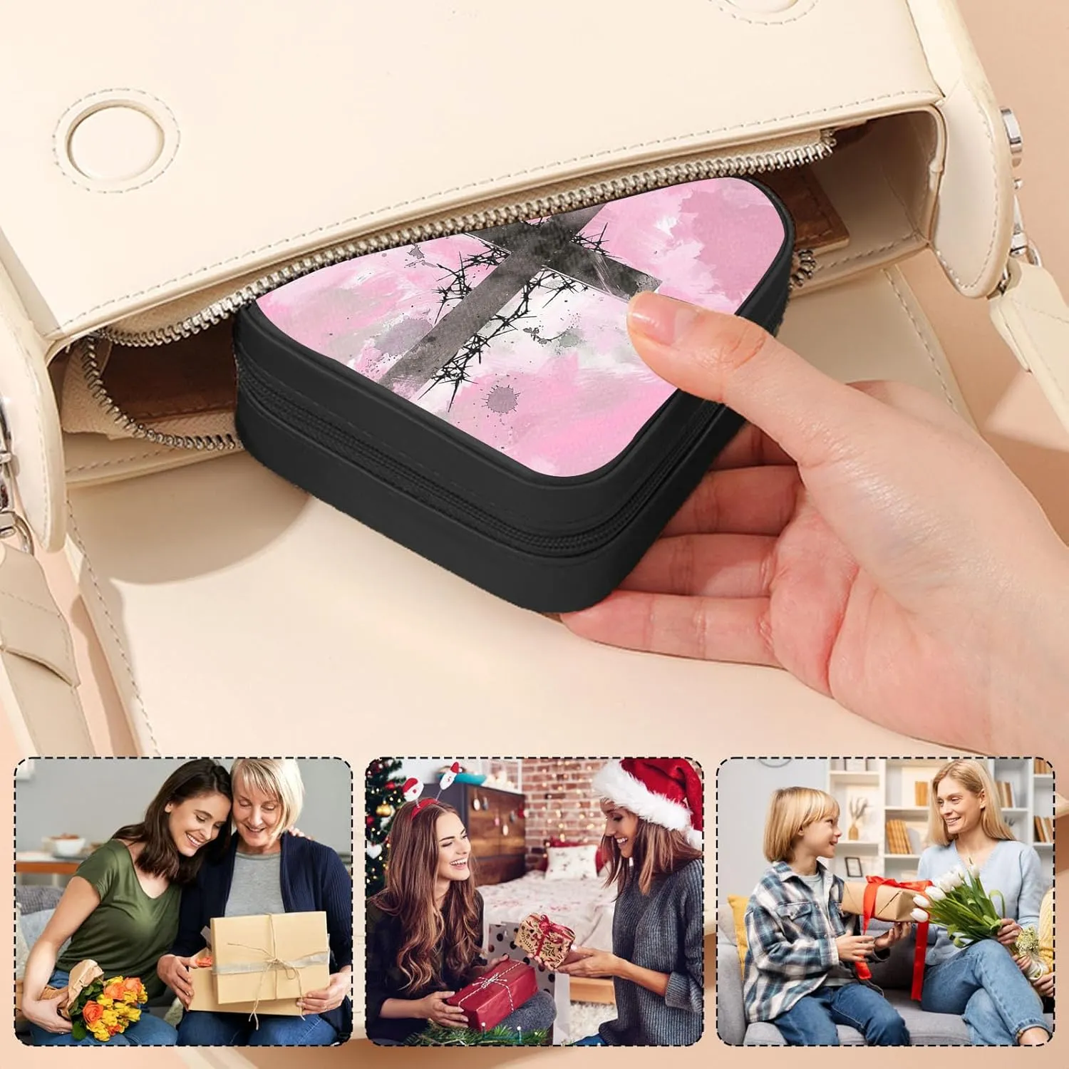 Small Jewelry Box Travel Jewelry Case Portable PU Leather for Girls Women Jewelry Organizer with Mirror, Storage Earring, Necklace, Rings, Christian cross