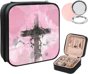 Small Jewelry Box Travel Jewelry Case Portable PU Leather for Girls Women Jewelry Organizer with Mirror, Storage Earring, Necklace, Rings, Christian cross