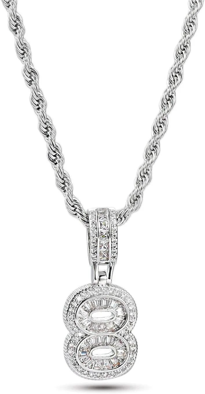 Sparkling 1-9 Number Necklace for Women Family Valentines Day Chunky Cubic Zirconia Men Silver Birthday Anniversary