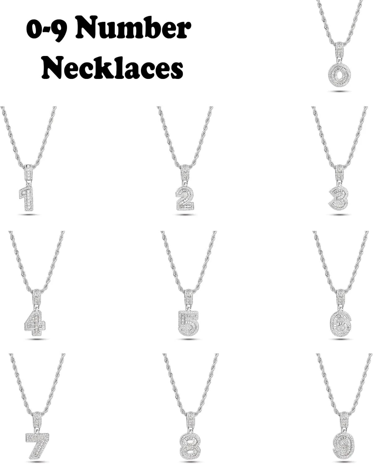 Sparkling 1-9 Number Necklace for Women Family Valentines Day Chunky Cubic Zirconia Men Silver Birthday Anniversary