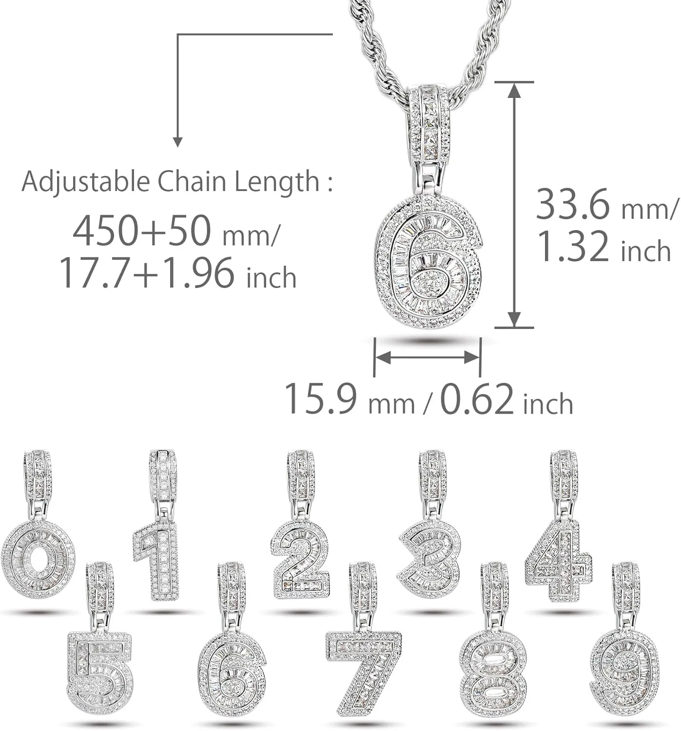 Sparkling 1-9 Number Necklace for Women Family Valentines Day Chunky Cubic Zirconia Men Silver Birthday Anniversary