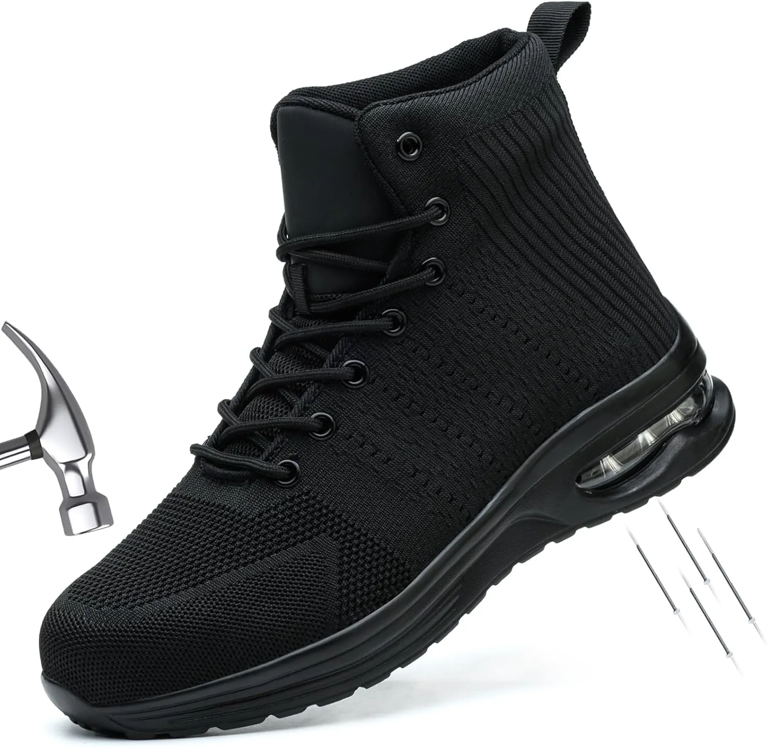 Steel Toe Work Boots for Men or Women, High Top Slip Resistant Safety Shoes Puncture Proof Comfortable Air Cushion Tennis Boots for Industry Construction Warehouse