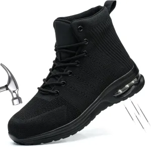 Steel Toe Work Boots for Men or Women, High Top Slip Resistant Safety Shoes Puncture Proof Comfortable Air Cushion Tennis Boots for Industry Construction Warehouse