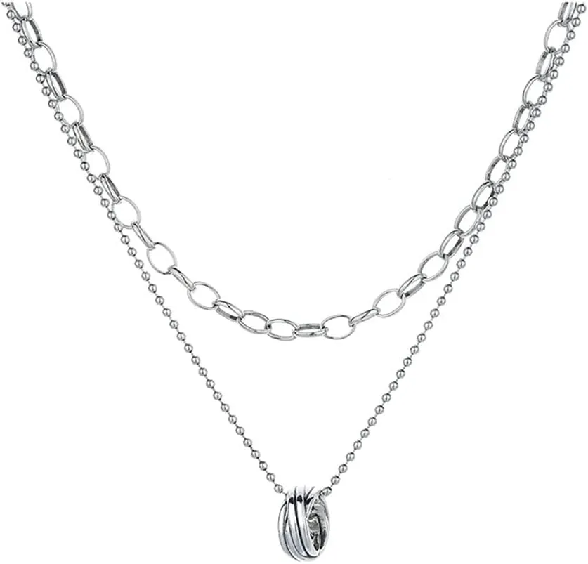 Sterling Silver Layered Pendant Necklace, Niche Charm Fashion Jewelry Retro Choker Versatile Jewelry