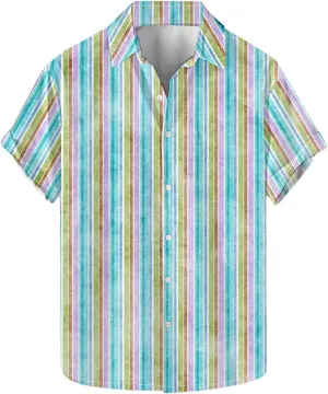 Striped Print Casual Shirt for Men Short Sleeve Button Up Turndown Bowling Shirts Business Office Work Blouses