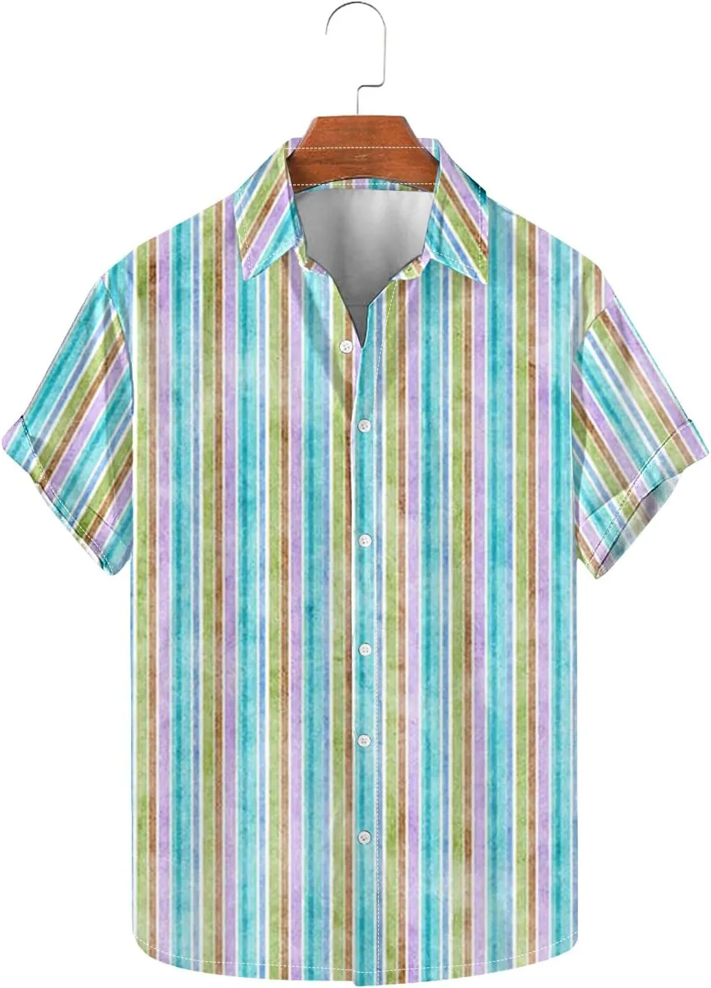 Striped Print Casual Shirt for Men Short Sleeve Button Up Turndown Bowling Shirts Business Office Work Blouses