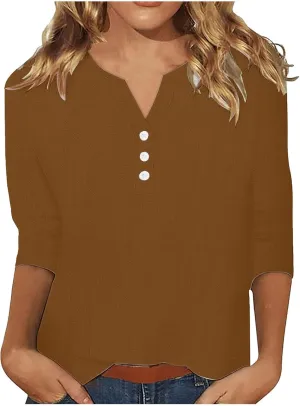 Summer Cotton Linen Shirts for Women 2025 Casual 3/4 Sleeve Tunic Shirts Spring Vacation Fashion Clothes