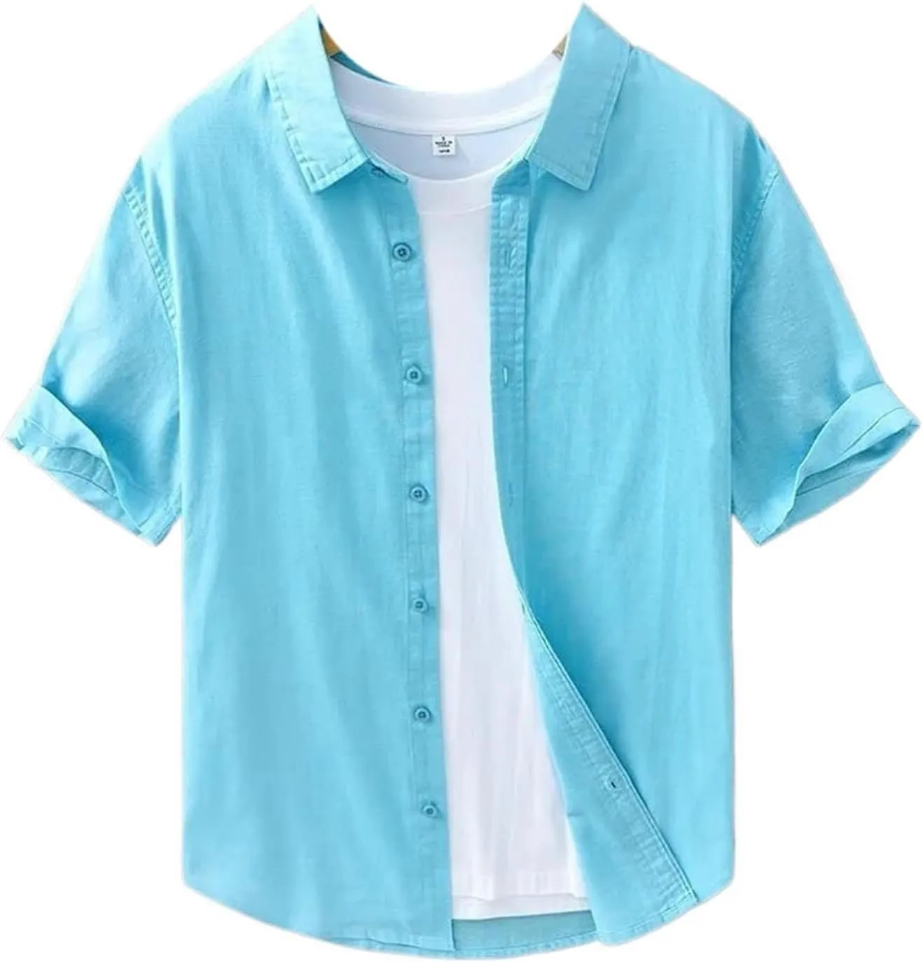 Summer Thin Cotton Linen Shirts for Men Casual Loose Solid Color Lapel Short Sleeve Male Tops