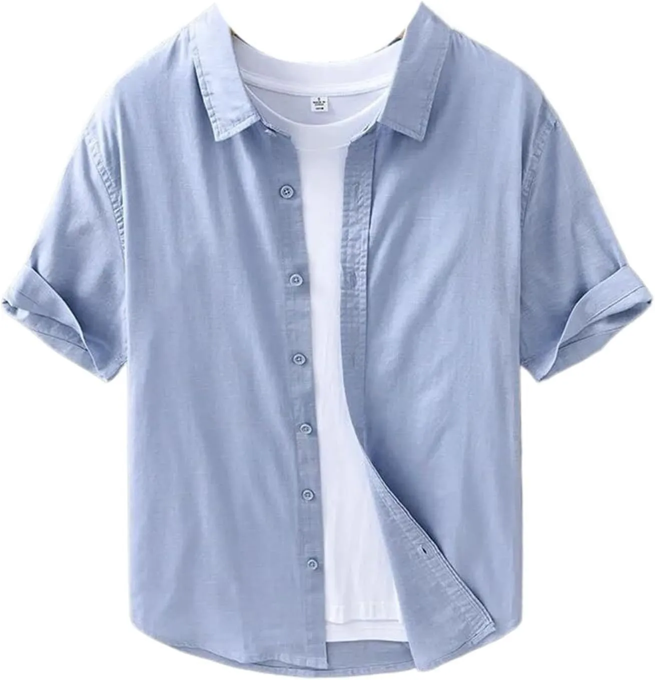 Summer Thin Cotton Linen Shirts for Men Casual Loose Solid Color Lapel Short Sleeve Male Tops