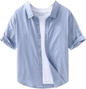 Summer Thin Cotton Linen Shirts for Men Casual Loose Solid Color Lapel Short Sleeve Male Tops