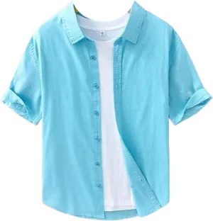 Summer Thin Cotton Linen Shirts for Men Casual Loose Solid Color Lapel Short Sleeve Male Tops