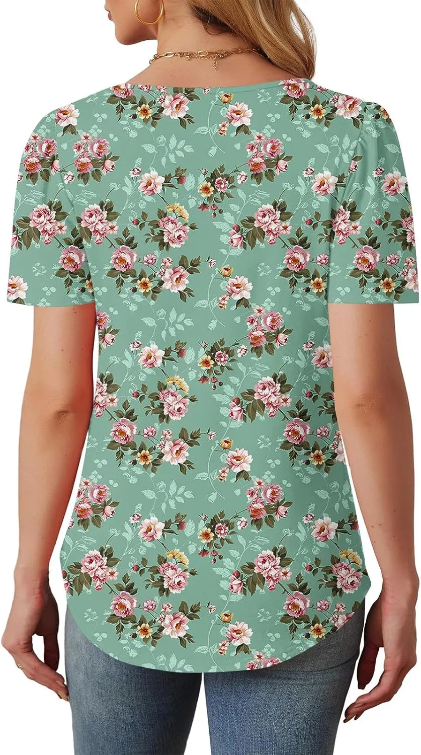 Summer Tops for Women 2025 Short Sleeve Floral Print Graphic Tees Trendy Boho Tops Dressy Casual Tunic Hawaiian Shirt