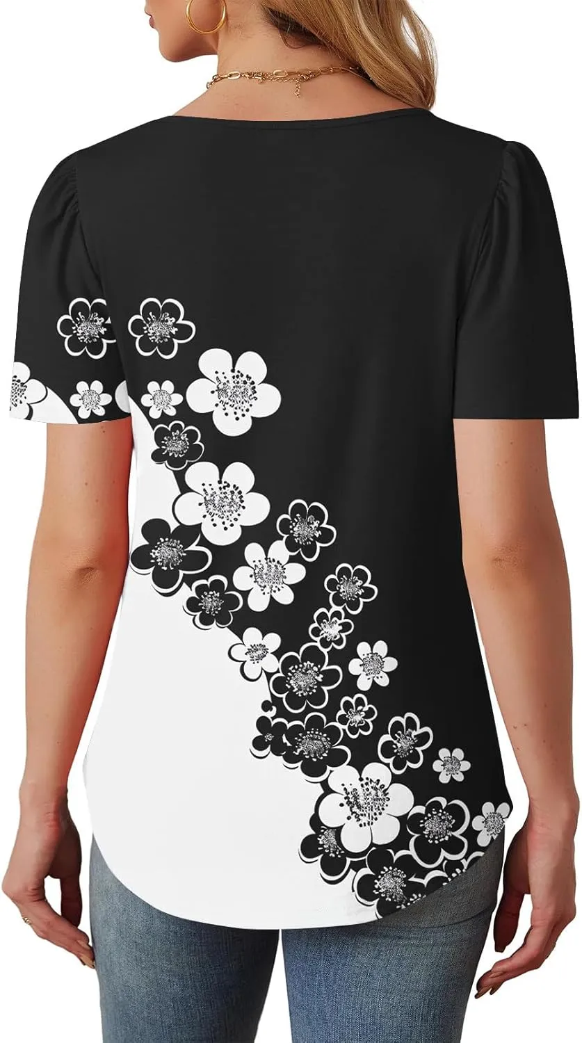 Summer Tops for Women 2025 Short Sleeve Floral Print Graphic Tees Trendy Boho Tops Dressy Casual Tunic Hawaiian Shirt