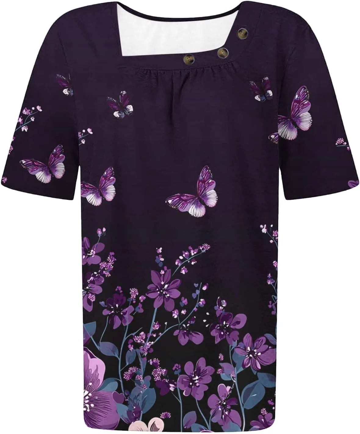 Summer Tops for Women 2025 Trendy Short Sleeve Shirt Boho Floral Tshirt Pleated Front Button Square Neck Tunic Blouse