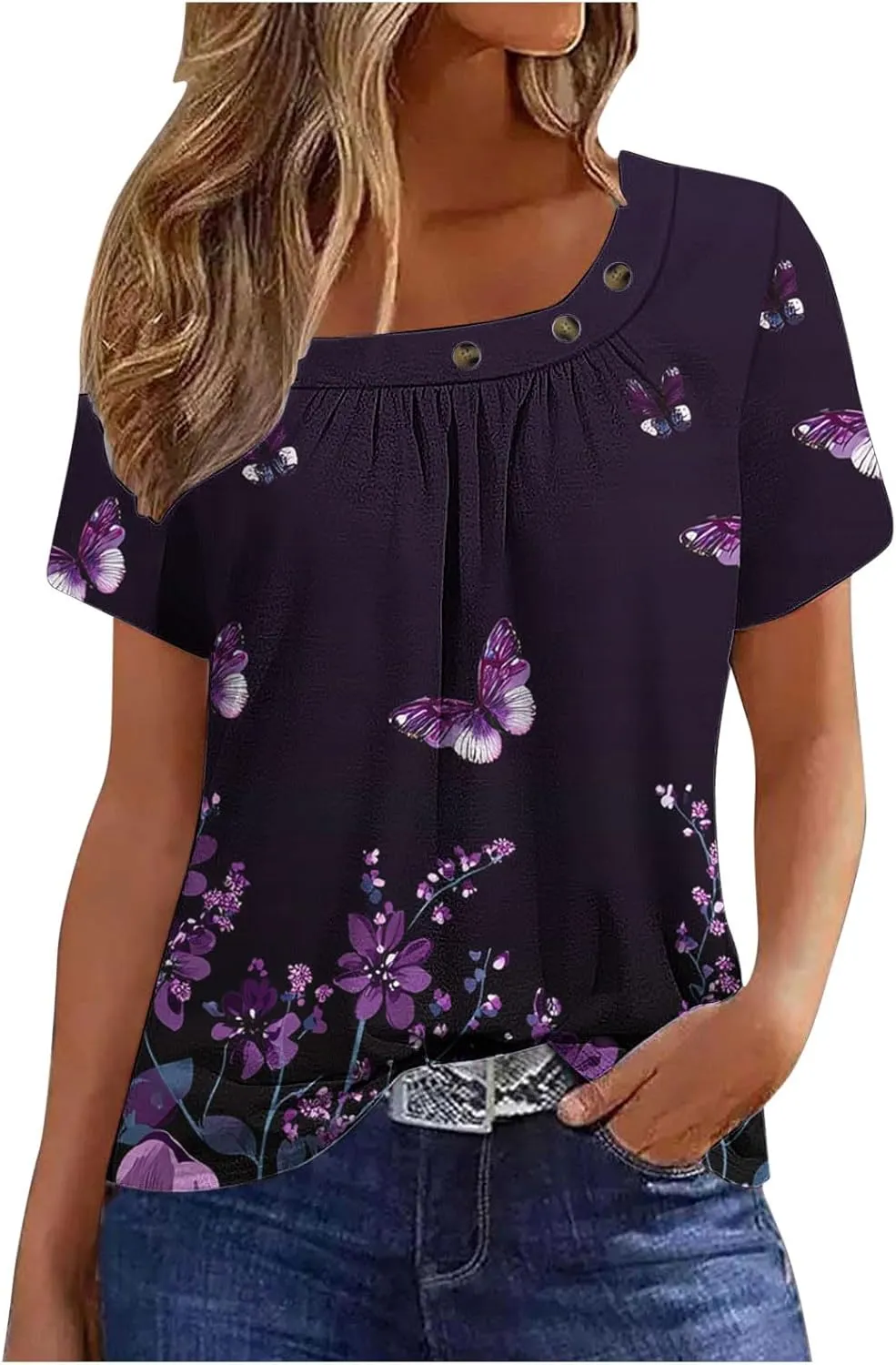 Summer Tops for Women 2025 Trendy Short Sleeve Shirt Boho Floral Tshirt Pleated Front Button Square Neck Tunic Blouse
