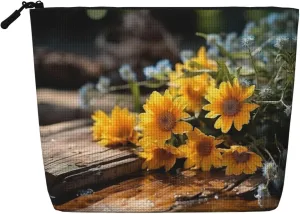 Sunflowers Wooden Board Print Cosmetic Bags for Women Large Capacity Purse Travel Toiletry Zipper Storage Pouch
