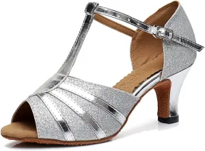TDA Women's Fashion T-strap Glitter Synthetic Salsa Tango Ballroom Wedding Modern Latin Dance Shoes