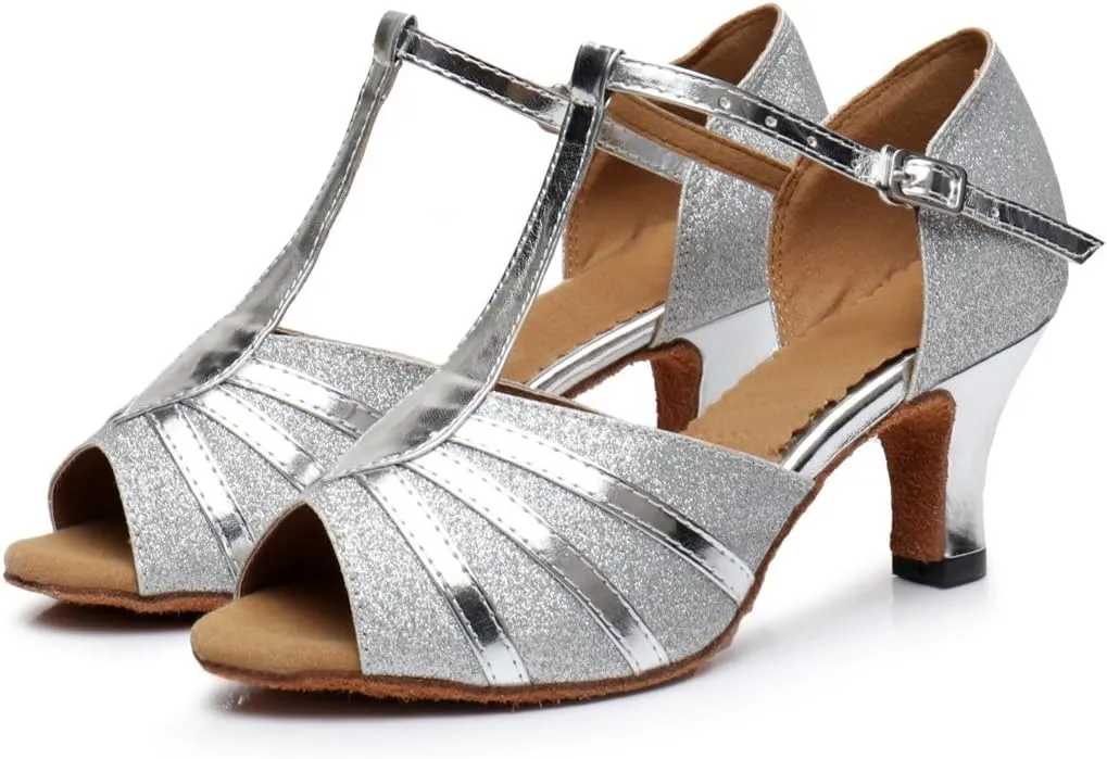 TDA Women's Fashion T-strap Glitter Synthetic Salsa Tango Ballroom Wedding Modern Latin Dance Shoes