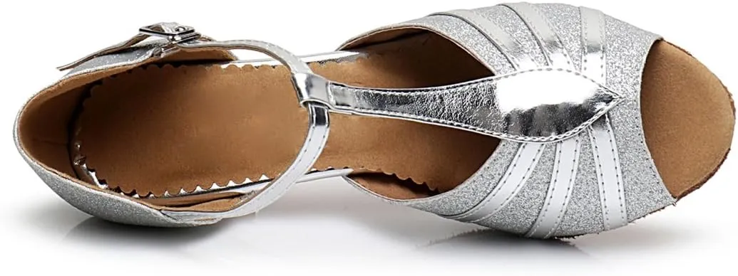 TDA Women's Fashion T-strap Glitter Synthetic Salsa Tango Ballroom Wedding Modern Latin Dance Shoes