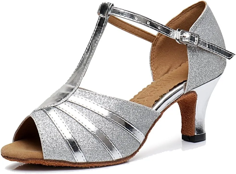 TDA Women's Fashion T-strap Glitter Synthetic Salsa Tango Ballroom Wedding Modern Latin Dance Shoes
