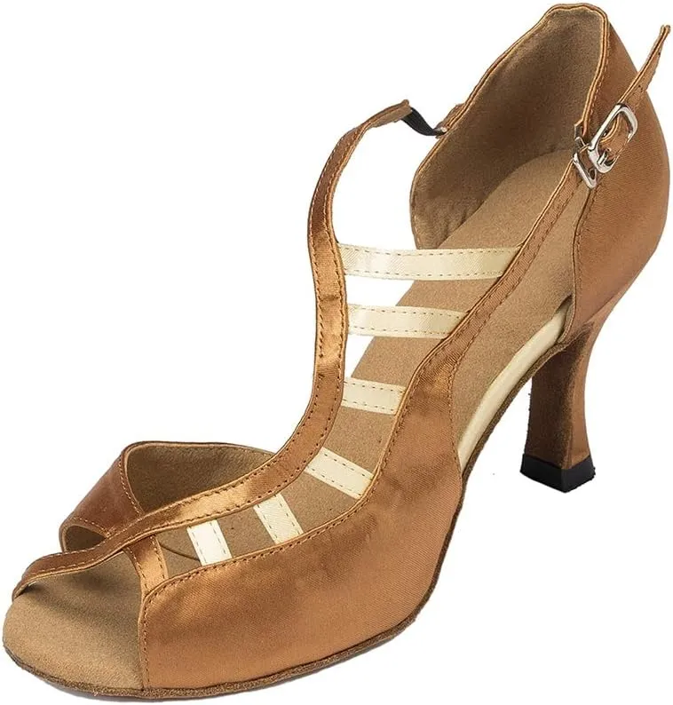 TDA Women's Peep Toe Ankle Strap Cut-out Satin Tango Salsa Latin Chacha Ballroom Dance Wedding Shoes