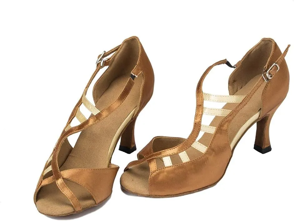 TDA Women's Peep Toe Ankle Strap Cut-out Satin Tango Salsa Latin Chacha Ballroom Dance Wedding Shoes