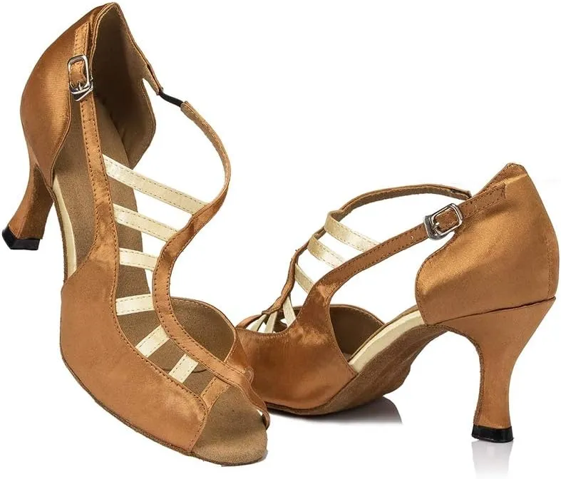 TDA Women's Peep Toe Ankle Strap Cut-out Satin Tango Salsa Latin Chacha Ballroom Dance Wedding Shoes